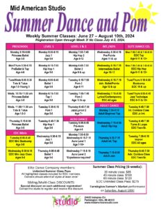 Summer Class Schedule for Dance Classes at Mid American Studio June 27- August 10